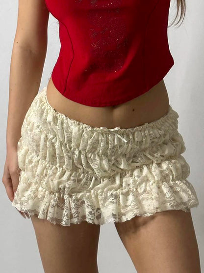 Sweet Cute Balletcore Women Mini Skirts Solid Lace Bow Ruched Cake Skirt Spring Summer Trendy Clothes