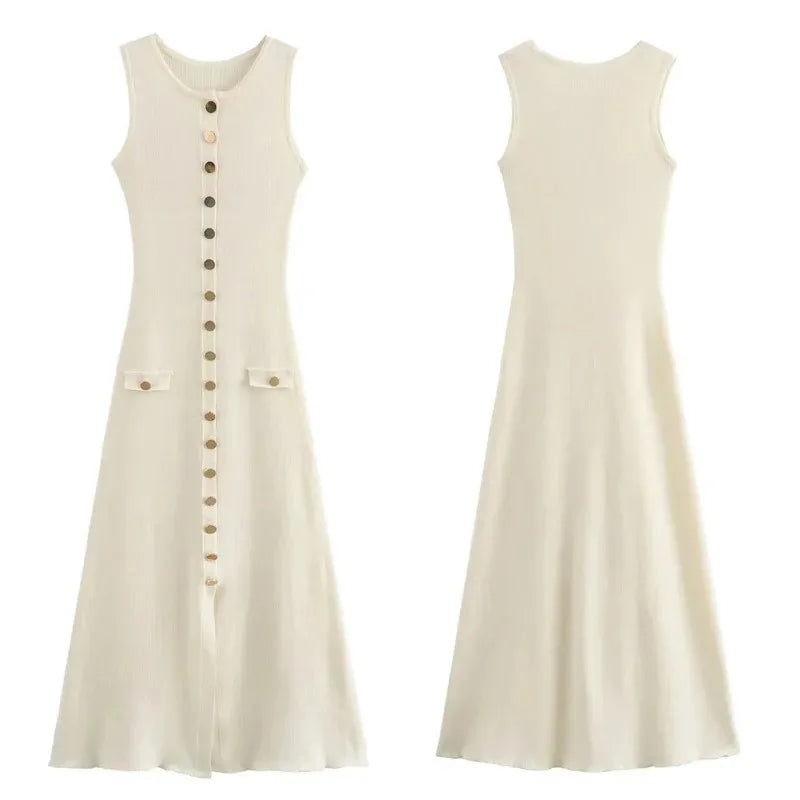 Vestido largo de punto de moda para mujer, elegante, sin mangas, con botones, maxivestido ajustado, vestidos de fiesta de moda para mujer