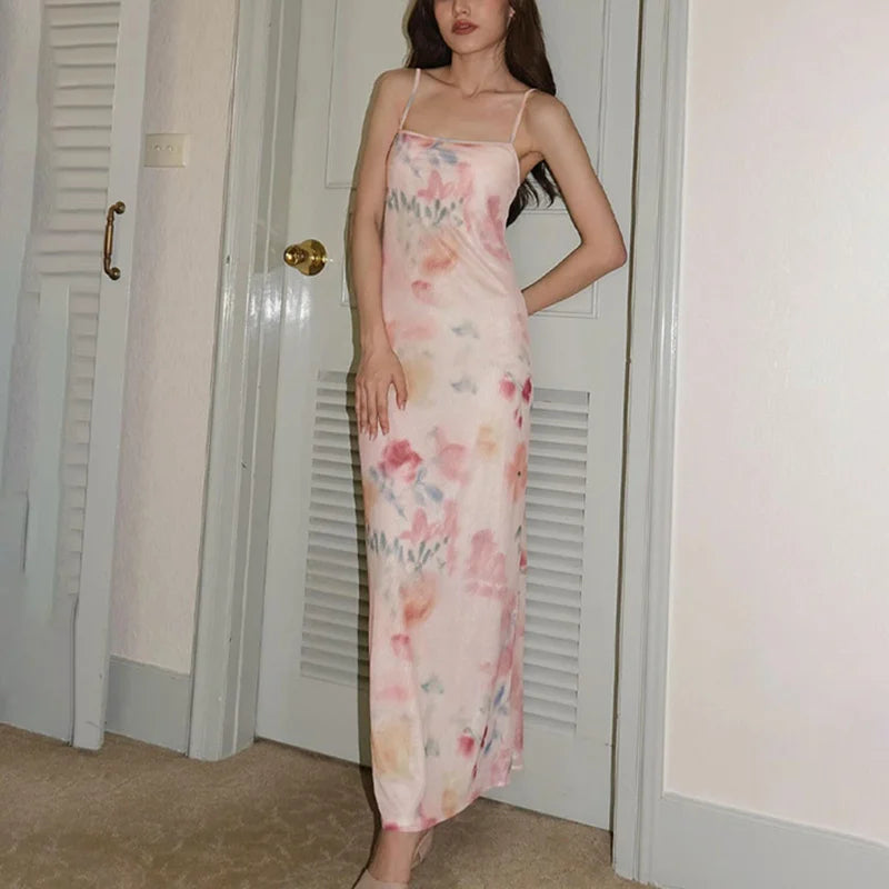 Summer Long Dress y2k Women Floral Print Square Neck Spaghetti Strap Sleeveless Bodycon Dress 2000s Club Party Dresses