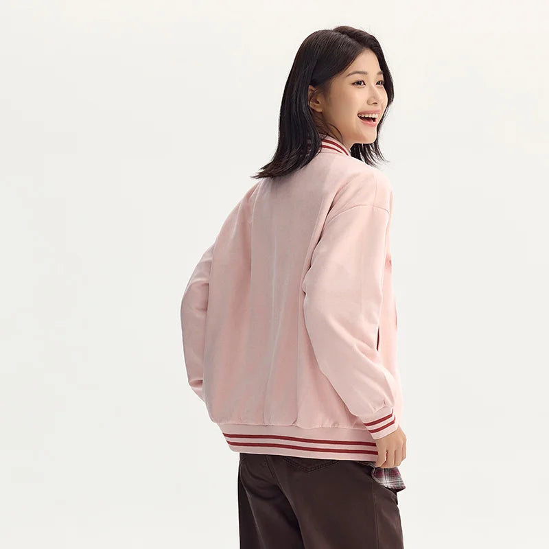 Abrigo de mujer de largo medio de gamuza sintética, chaqueta holgada de color contrastante, abrigo de béisbol con estrellas estilo retro americano con letras de otoño