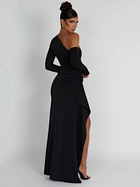Autumn Sexy Fashion Long Sleeve High Split Women’s Dress Oblique Shoulder Elegant Party Club Long Slim Fit Evening Dress