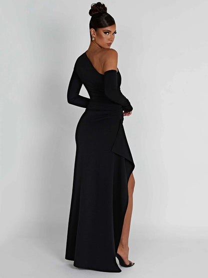 Autumn Sexy Fashion Long Sleeve High Split Women’s Dress Oblique Shoulder Elegant Party Club Long Slim Fit Evening Dress