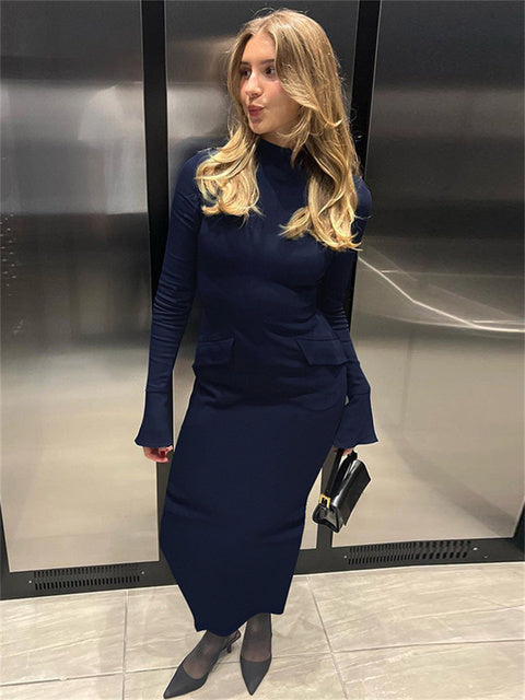 Female Elegant Fashion Maxi Dress High Waist Pocket Patchwork Skinny Commute Autumn  Dress Women’s Solid Long Dress