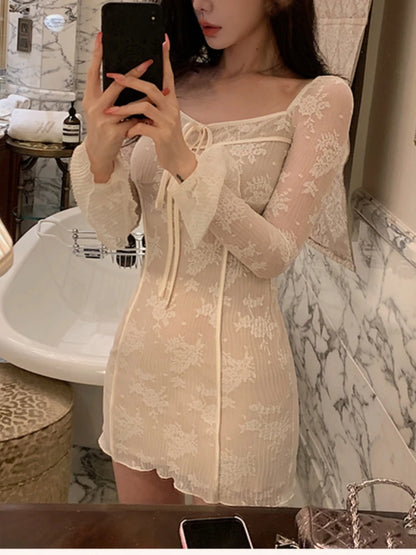 Vestidos sexis de encaje de punto para mujer, mangas acampanadas, cuello cuadrado, ajustados, estilo sirena, elegantes y ajustados, moda de otoño, nuevos vestidos para mujer