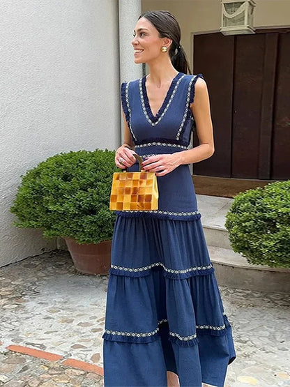Vestido largo elegante con volantes y estampado de borlas empalmadas para mujer, cuello en V, sin mangas, corte A, elegante bata de fiesta para mujer