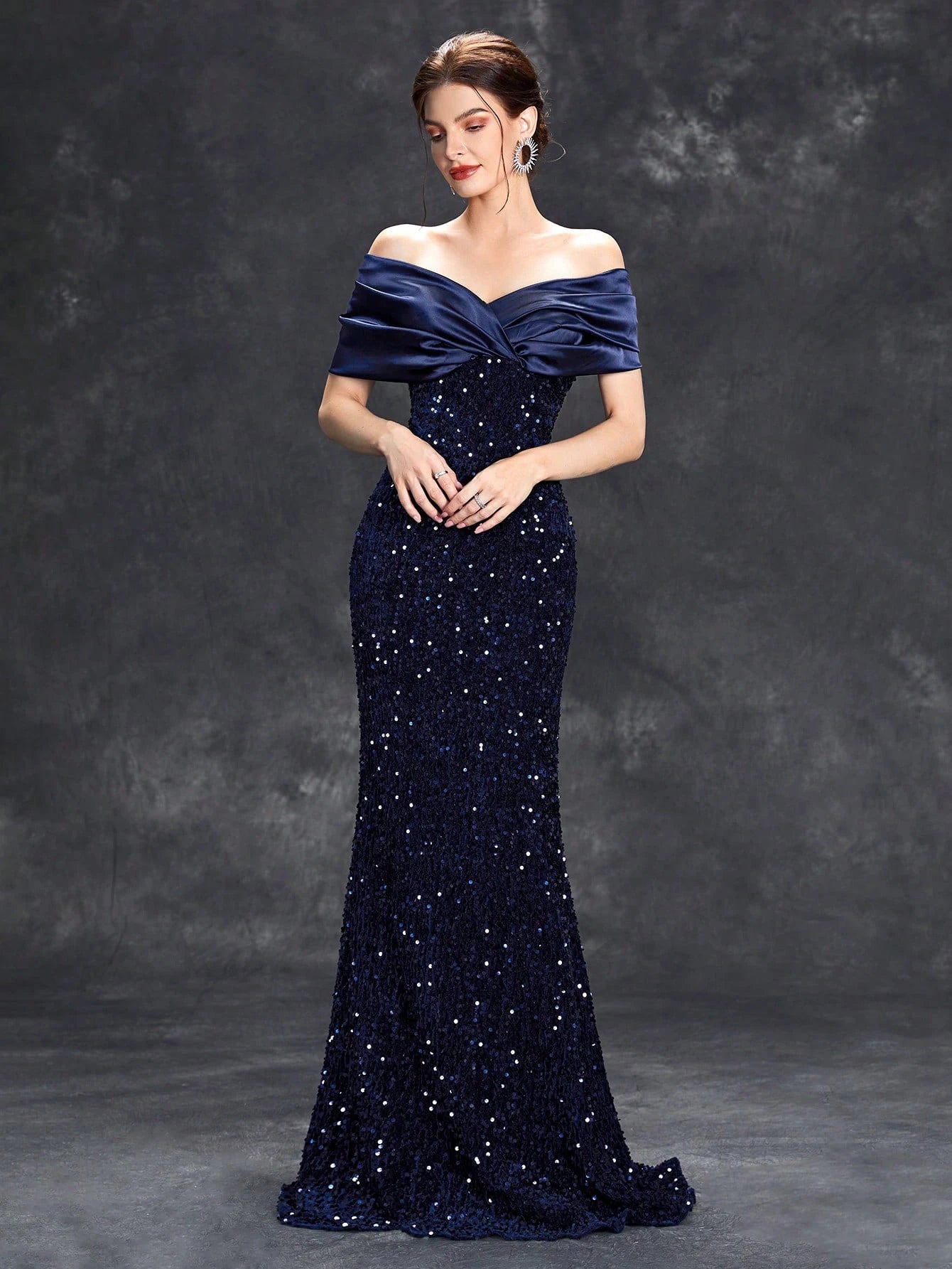 Vestido de noche con escote en V, plisado, con lentejuelas y cola de pez de terciopelo, vestido de baile, vestido de fiesta, vestido de dama de honor
