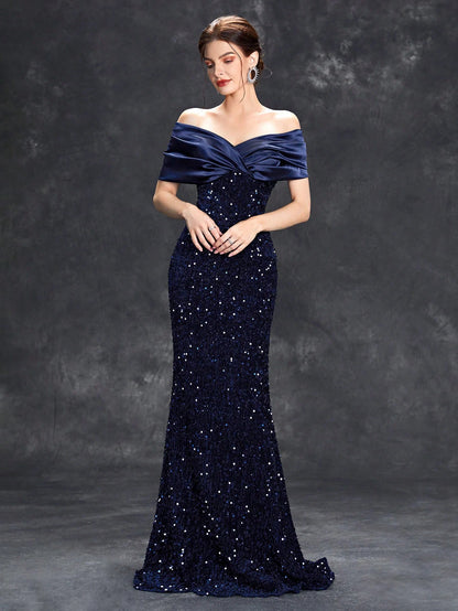 Vestido de noche con escote en V, plisado, con lentejuelas y cola de pez de terciopelo, vestido de baile, vestido de fiesta, vestido de dama de honor