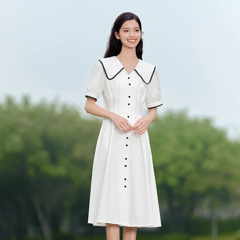 Vestido de mujer de algodón puro con mangas abullonadas, nuevo vestido de verano con bloques de color, solapa grande y largo medio, estilo universitario.