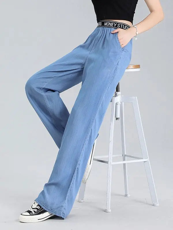 Lyocell Jeans Wide Leg Long Pants Women Straight Loose High Waist Sport Casual Pants Female Office Trousers Lady Work Wear Thin