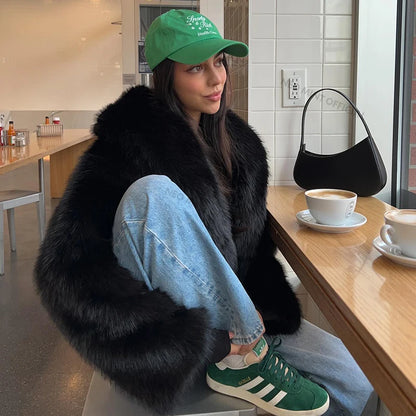 Street Fashion Shawl Collar Faux Fox Fur Coat Women  Winter Cool Girls Black Short Fur Jacket Vintage Chic Overcoat