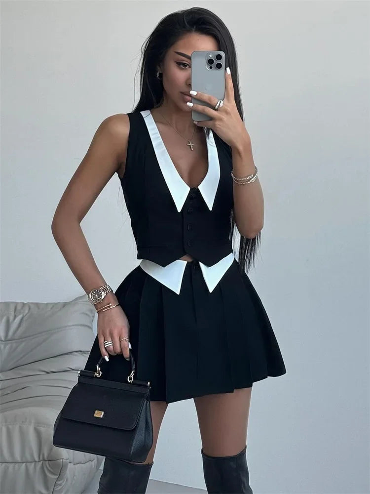 Conjunto de dos piezas de verano para mujer, falda sexy con cuello en V, sin mangas, vestidos y faldas plisadas de cintura alta, 2025