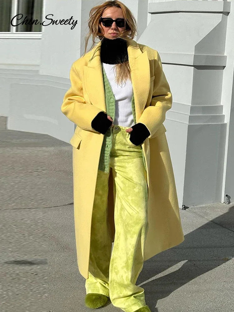 Abrigo largo de lana de moda para mujer, otoño, manga larga, botones, bolsillo falso, amarillo dividido, abrigo elegante de gran tamaño, nuevo en prendas de vestir exteriores