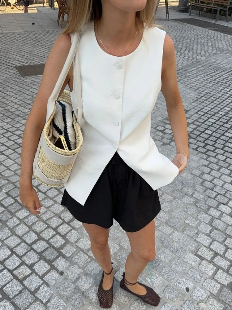 White High Waist Pocket Vests Top Women’s Sleeveless Slim Patchwork Fashion Solid Streetwear Female Y2k Vests Top Autumn
