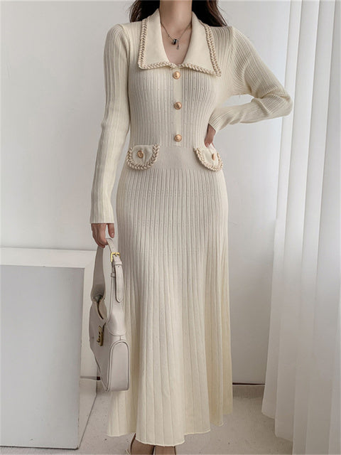 Vestido largo elegante de lujo para mujer, de punto con bolsillos, acanalado, con retazos, de cintura alta, ajustado, para fiesta y otoño.