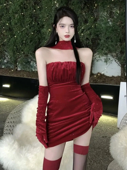 Minivestidos sexys de terciopelo ajustados para mujer, sin tirantes, cintura estrecha, para fiesta de cumpleaños, noche, moda coreana, vestidos de una pieza