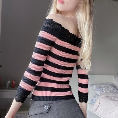 Vintage Y2K Striped Lace Sweater T-shirt Coquette Grunge Slim Fit Long Sleeve Tees Retro Cottage Kawaii Off Shoulder Crop Tops