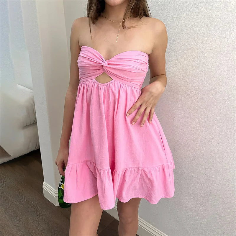 Vestido sin tirantes Y2K para mujer, color liso, hombros descubiertos, sin mangas, con dobladillo con volantes y bolsillos, para fiesta en la playa.