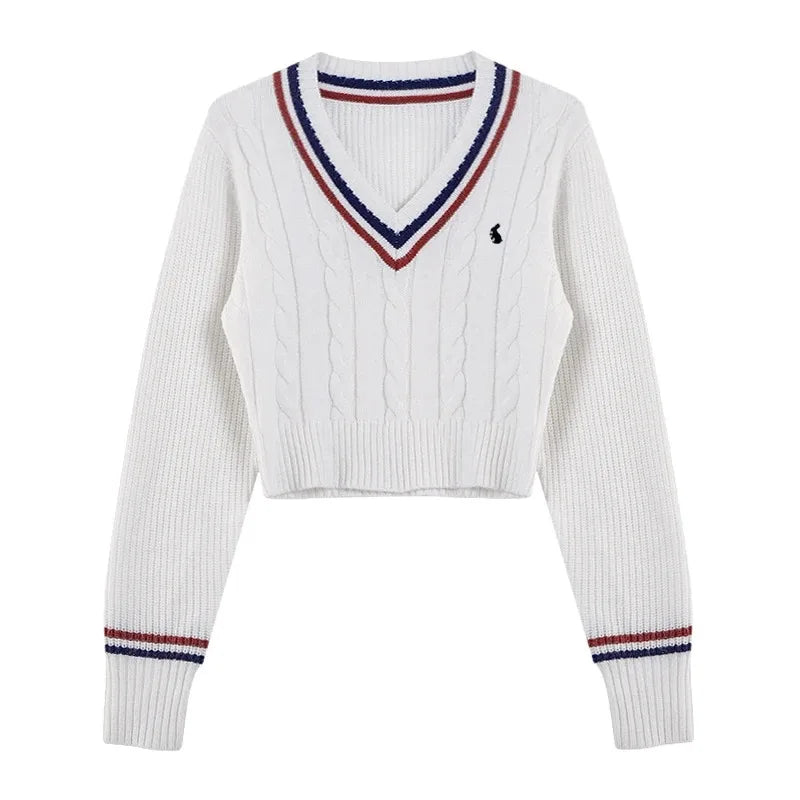 Korean Fashion Sweaters Women Autumn V-neck Y2K Cartoon Embroidery Knitted Tops Winter Soft Basic Long Sleeve Pullovers