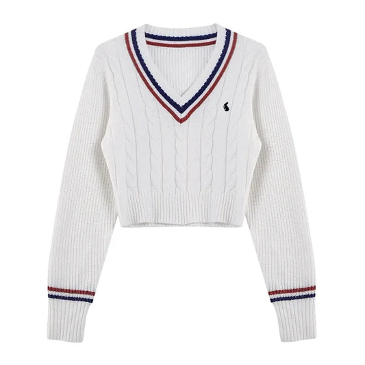 Suéteres de moda coreana para mujer, otoño, cuello en V, Y2K, bordado de dibujos animados, tops de punto, suéteres básicos suaves de manga larga para invierno