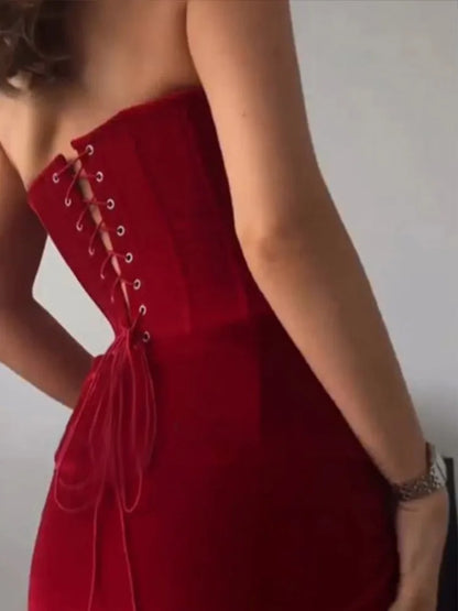 Sexy Velvet Solid Tube Long Dresses Women Vintage Slim Knot Slit Evening Dress Female Spring Elegant Chic Street Party Vestidos
