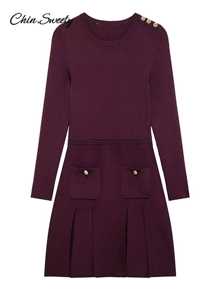 Knit Burgundy Red A-line Mini Dress Women O-neck Long Sleeves Pleat Party Dresses Female 2025 Spring New Pockets Button Vestidos