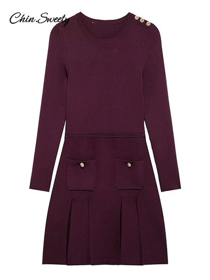 Knit Burgundy Red A-line Mini Dress Women O-neck Long Sleeves Pleat Party Dresses Female 2025 Spring New Pockets Button Vestidos