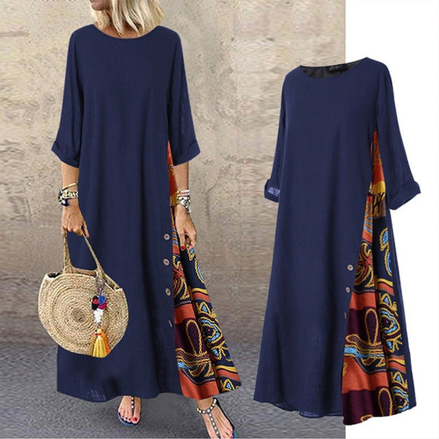 Vestidos largos vintage de lino y algodón para mujer, mangas tres cuartos, estampado empalmado, holgados, línea A, moda informal, maxivestido para mujer