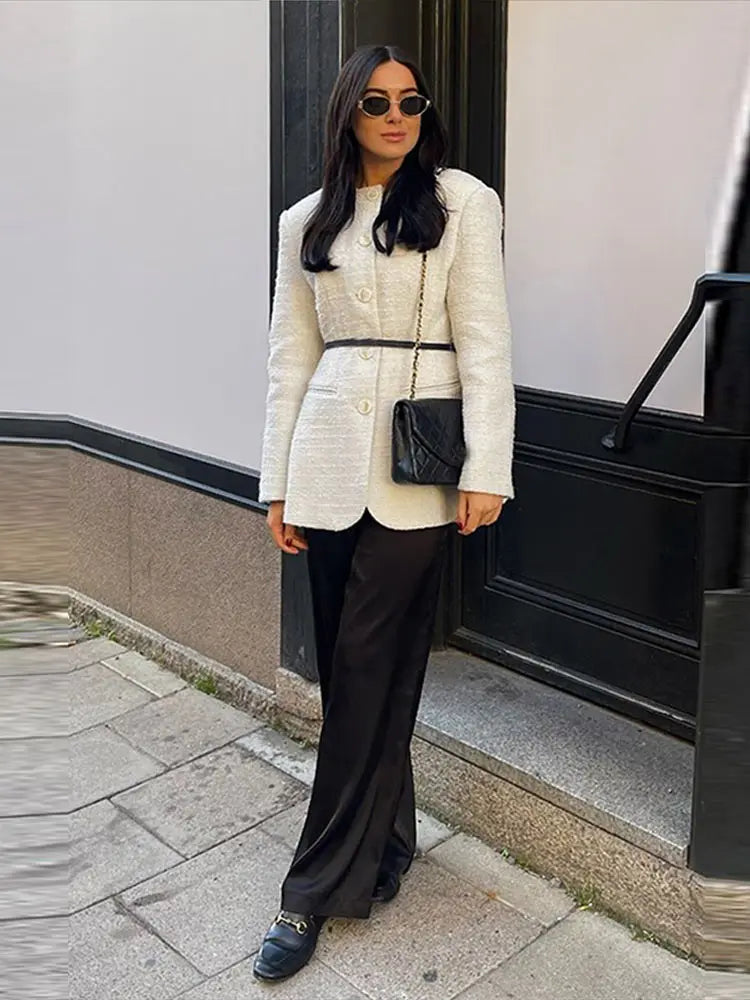 Elegante blazer de tweed para mujer, abrigo ajustado con cuello redondo y hombreras, chaqueta gruesa para mujer, ropa de oficina de primavera 2025