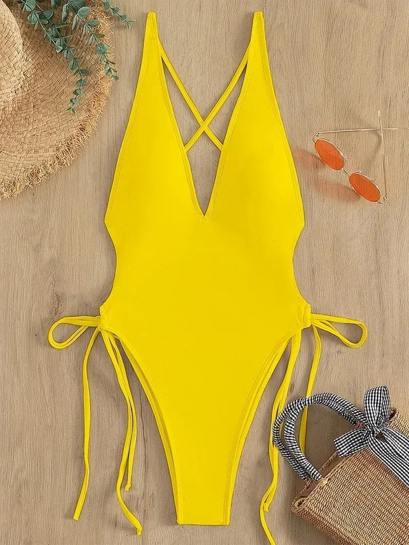 Solid V-neck One Piece Swimsuit for Women Sexy Cross Bandage Swimwear Backless Bathing Suit  New Monokini