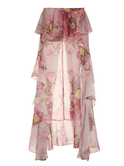 Falda playera bohemia de gasa con volantes y estampado floral para mujer, asimétrica, con dobladillo inclinado, rosa, romántica, elegante y sexy para vacaciones.