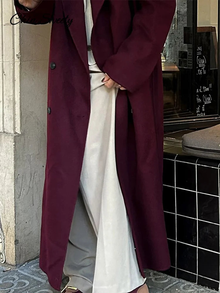 Abrigo largo de lana burdeos y rojo a la moda para mujer, con hombreras extragrandes, manga larga, doble botonadura, ropa de calle de otoño para mujer