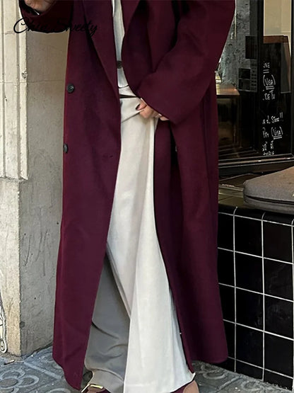 Abrigo largo de lana burdeos y rojo a la moda para mujer, con hombreras extragrandes, manga larga, doble botonadura, ropa de calle de otoño para mujer