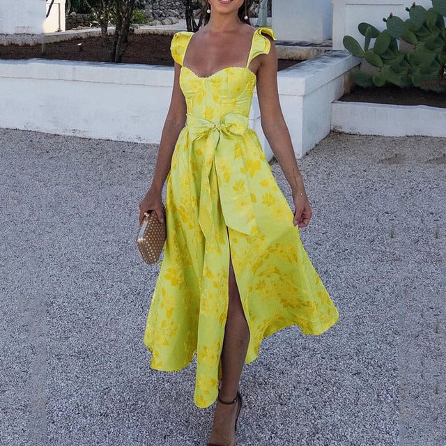Vestidos largos sin mangas con estampado de flores para mujer, sexys, de corte bajo, sin espalda, con lazo, con abertura y temperamento, novedad de 2025