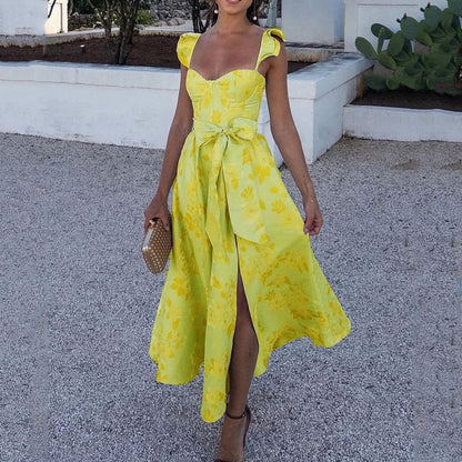 Vestidos largos sin mangas con estampado de flores para mujer, sexys, de corte bajo, sin espalda, con lazo, con abertura y temperamento, novedad de 2025