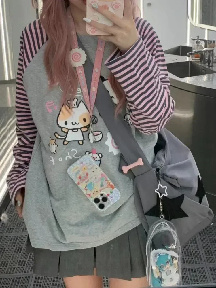 Camiseta de rayas Harajuku para mujer, camisetas con gráficos de panda chino kawaii, ropa de manga raglán de dibujos animados Cutecore para otoño