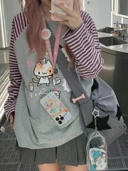 Camiseta de rayas Harajuku para mujer, camisetas con gráficos de panda chino kawaii, ropa de manga raglán de dibujos animados Cutecore para otoño