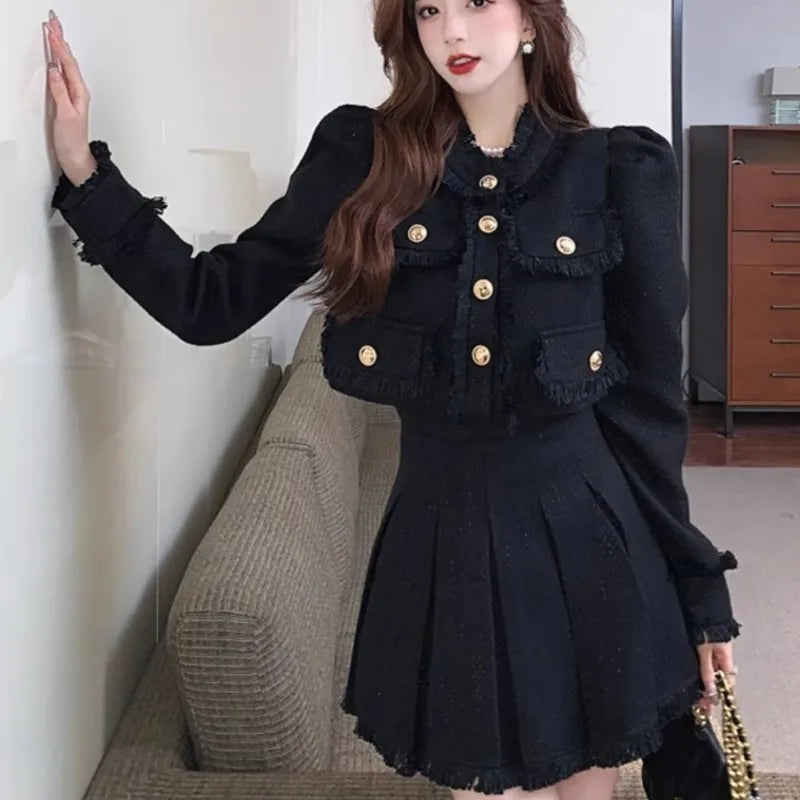 Elegante traje de tweed de dos piezas, conjunto de falda, otoño invierno, nuevo estilo francés, chaqueta corta, abrigo, minifalda, moda coreana, trajes femeninos