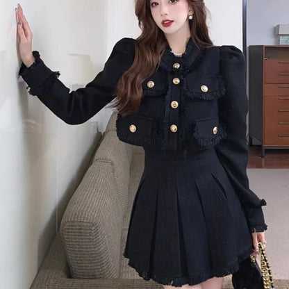 Elegante traje de tweed de dos piezas, conjunto de falda, otoño invierno, nuevo estilo francés, chaqueta corta, abrigo, minifalda, moda coreana, trajes femeninos