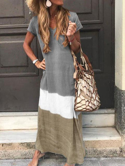 Vestidos largos casuales sueltos con colores contrastantes para mujer, moda de verano, cuello en V, mangas cortas, vestido maxi para mujer, vestidos para ir al trabajo, nuevos