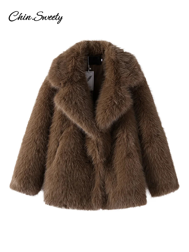 Abrigo de piel sintética marrón de lujo para mujer, con solapa, largo medio, holgado, de imitación de felpa, con hebilla, abrigo de invierno grueso y cálido.