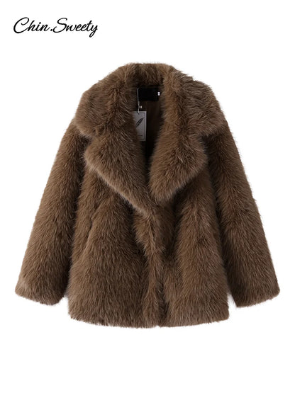 Abrigo de piel sintética marrón de lujo para mujer, con solapa, largo medio, holgado, de imitación de felpa, con hebilla, abrigo de invierno grueso y cálido.