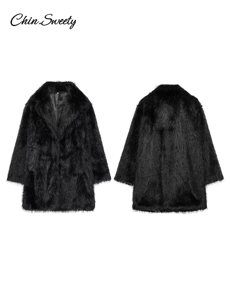 Chaqueta de piel sintética marrón de lujo para mujer, abrigo grueso y esponjoso de manga larga con solapa extragrande, ropa de calle cálida de lujo para invierno.