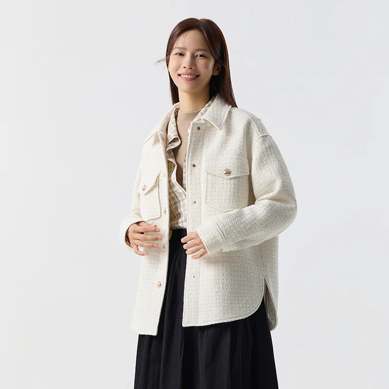 Prendas de abrigo para mujer, estilo medio largo, con abertura, nueva primavera, top de tweed de mezcla de lana