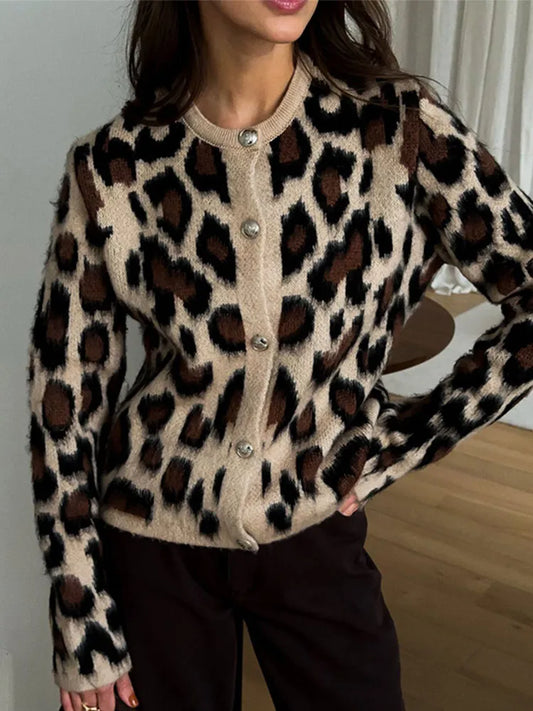 Vintage Knitted Leopard Cardigan Women Casual Slim Single Breasted O-Neck Sweaters Female Chic Versatile Basic Street Knitwear