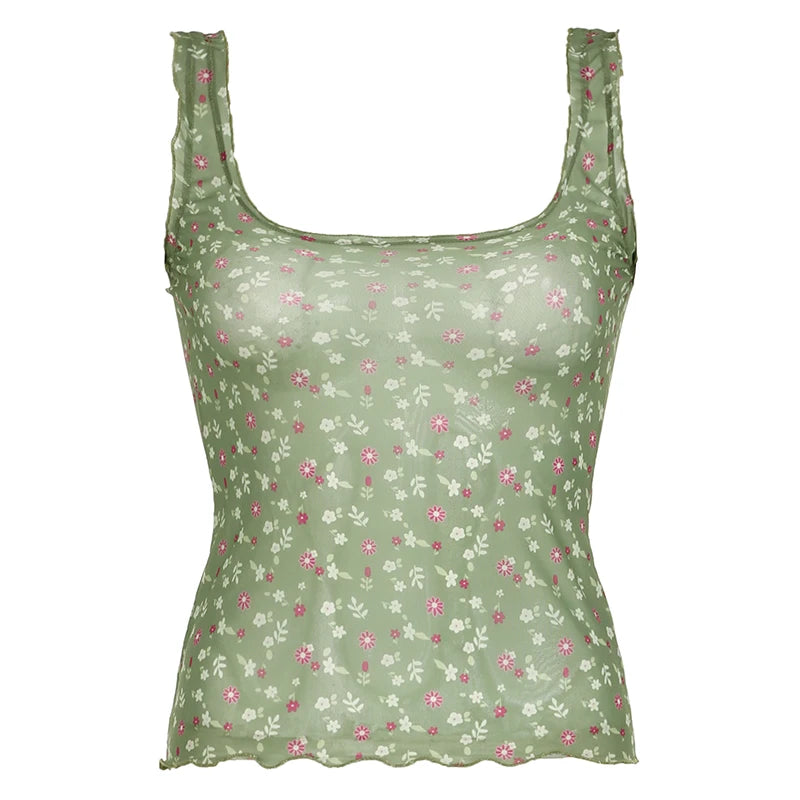 Camiseta sin mangas de malla transparente con estampado floral para mujer, camiseta de verano ajustada Y2K con cuello cuadrado vintage, camiseta sexy de moda