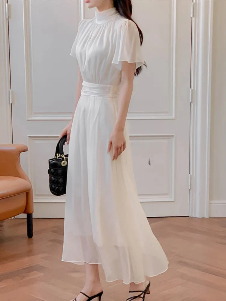 Elegantes vestidos midi sólidos para mujer, con volantes, cuello medio alto, corte en A, para oficina, informales, moda coreana, otoño, nuevos vestidos para mujer