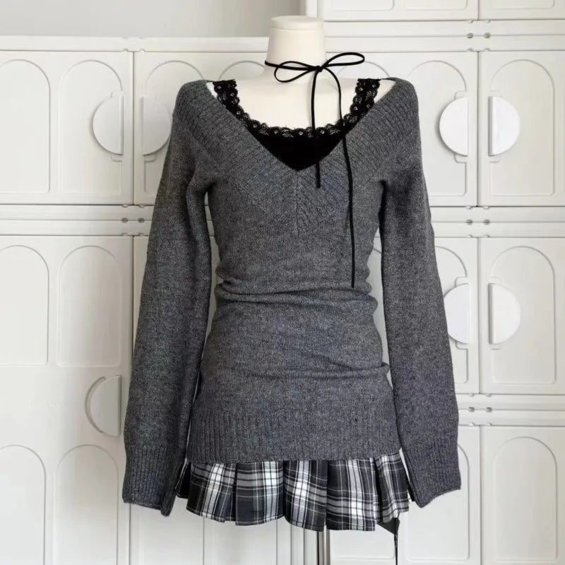 Suéter vintage francés con cuello en V para mujer, jersey de manga larga, minifalda de punto, estilo años 2000, conjuntos de 3 piezas.