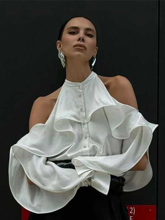Camisas elegantes blancas con volantes y cuello halter para mujer, blusas vintage holgadas con aberturas y una sola botonadura, blusas elegantes de otoño para la calle.