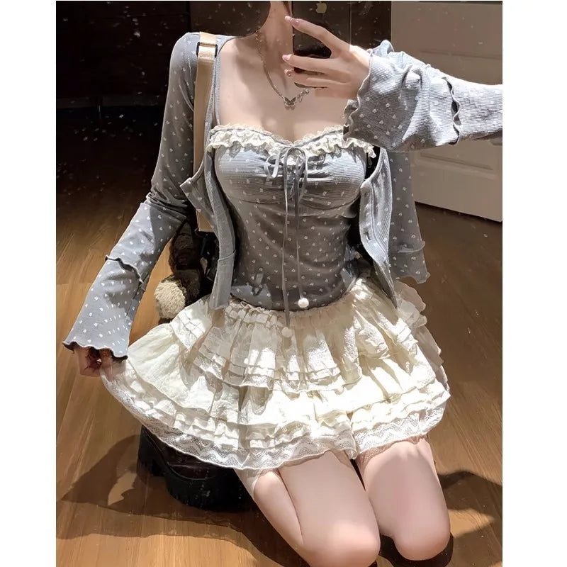Conjunto de falda de 3 piezas para mujer, cárdigan con tirantes finos, minifalda estilo pastel, estilo coreano Y2K Kawaii, novedad de otoño