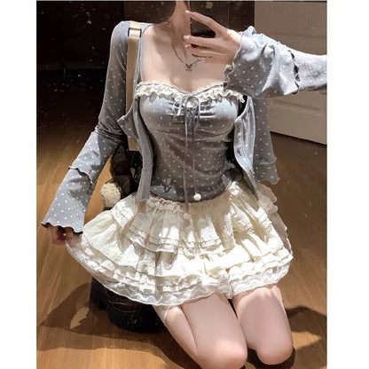 Conjunto de falda de 3 piezas para mujer, cárdigan con tirantes finos, minifalda estilo pastel, estilo coreano Y2K Kawaii, novedad de otoño